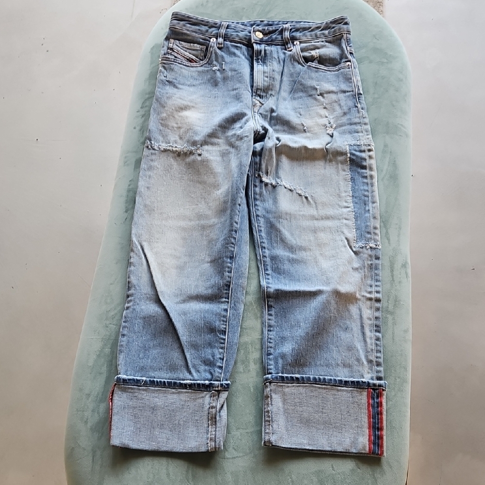 Diesel Light Blue Distressed Jeans with Cuffed Hem